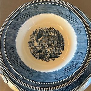 Currier&Ives SET/2 Porcelain Bowls 1 Maple Sugaring1 Home Sweet Home Blue/White